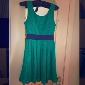 Green Lace dress with Navy Blue Elastic Belt